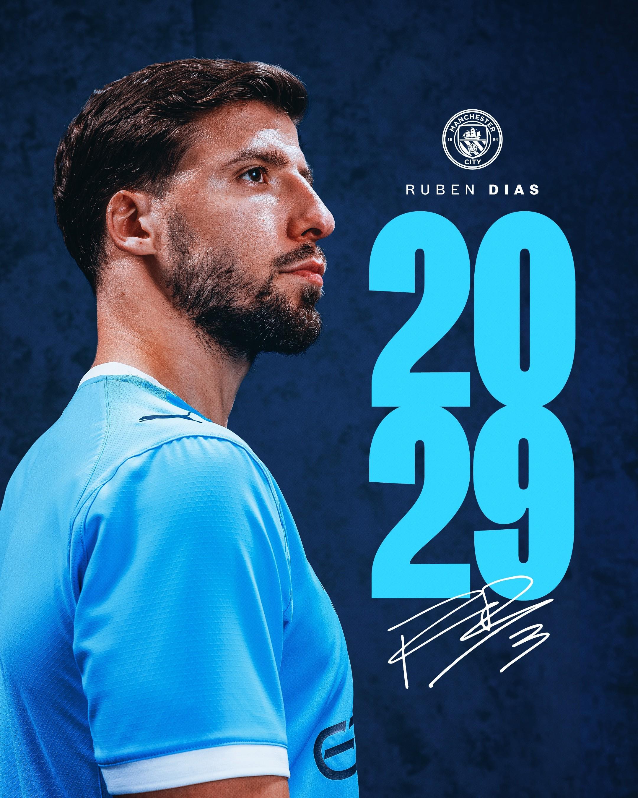 官方：曼城与中卫鲁本-迪亚斯续约至2029年